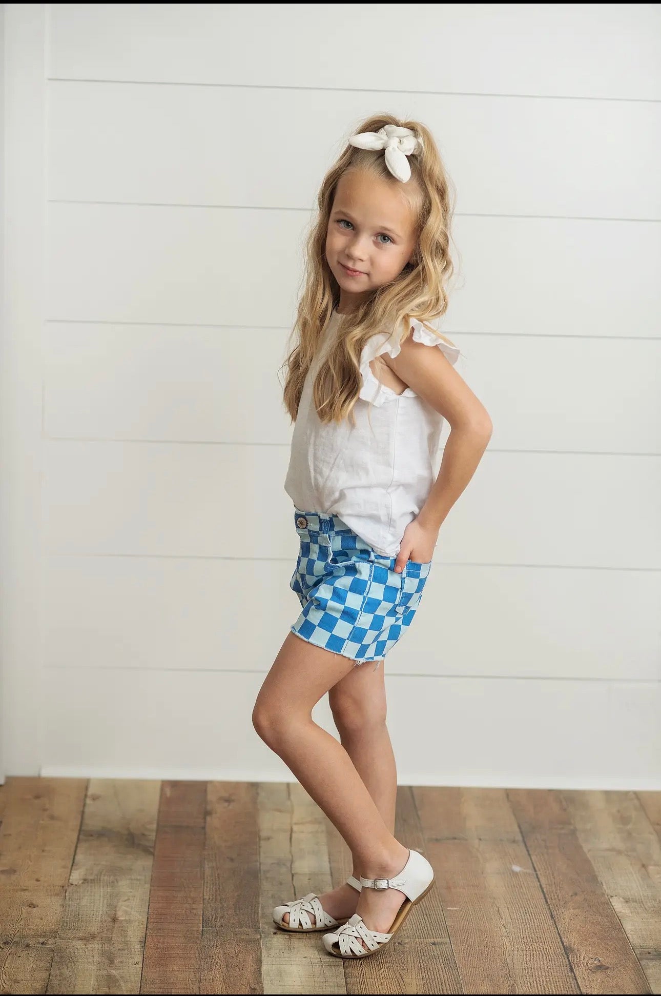 Blue Checkered Denim Jean Shorts