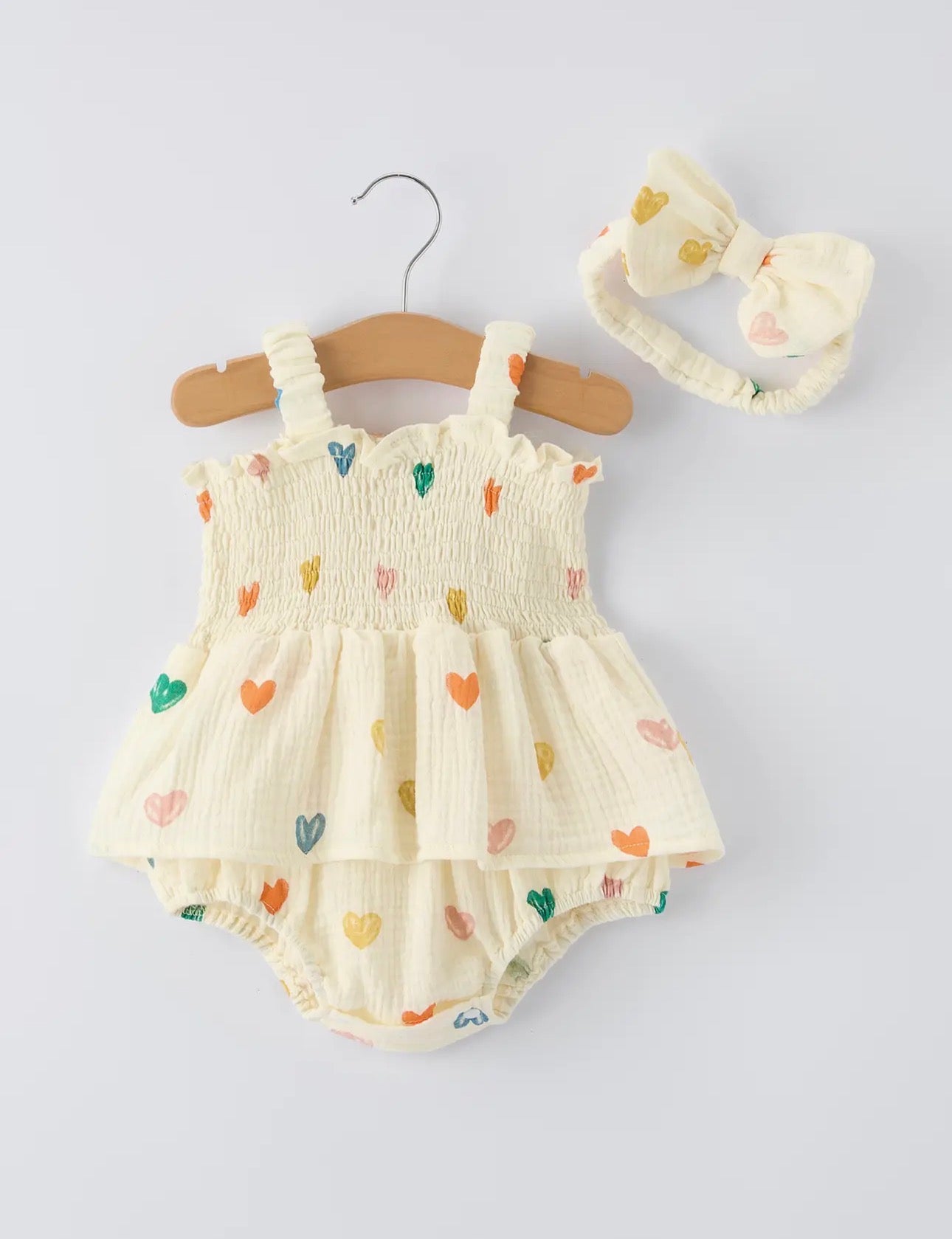 Light Yellow Heart Print Romper Set