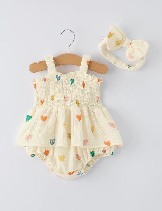 Light Yellow Heart Print Romper Set