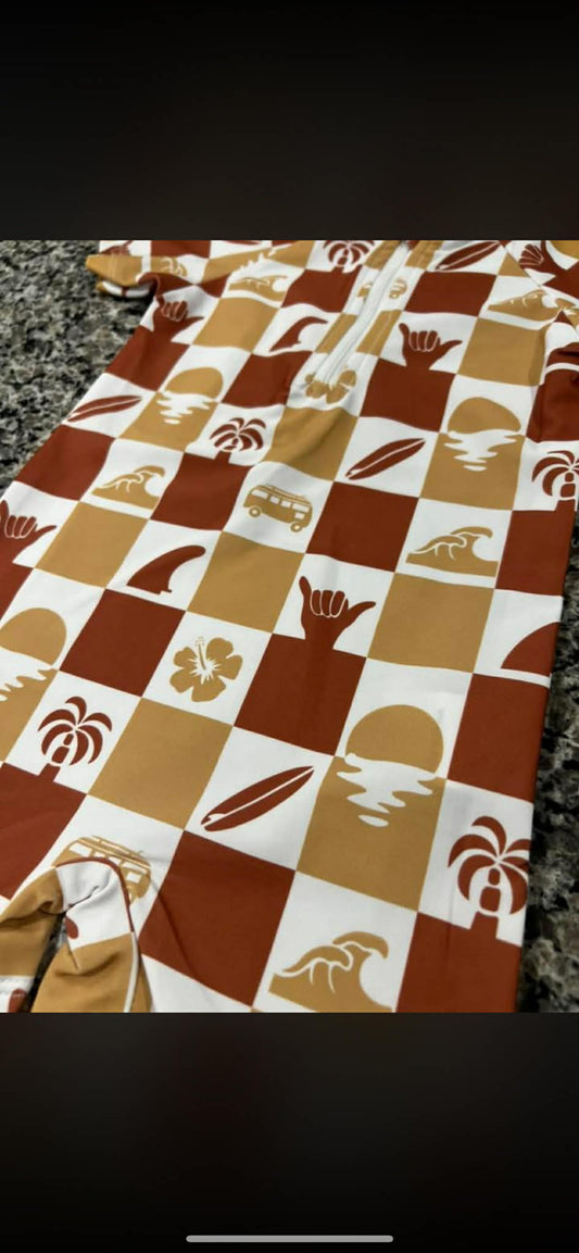 Checkered Red and Orange Surfs Up Swim