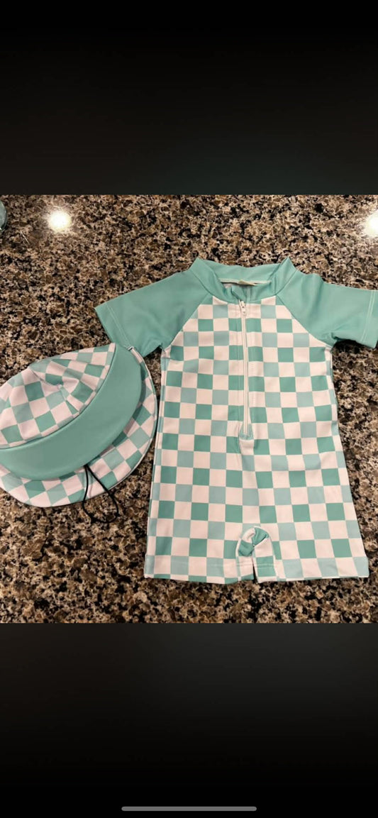 Checkered Teal Swim with Hat