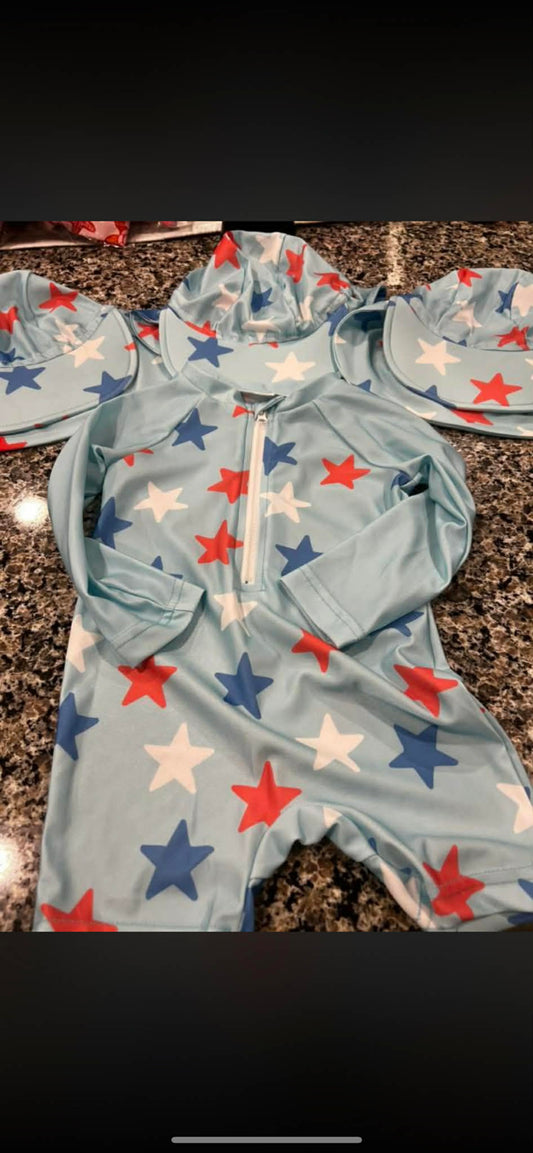 Red, White, and Blue Swim with Hat