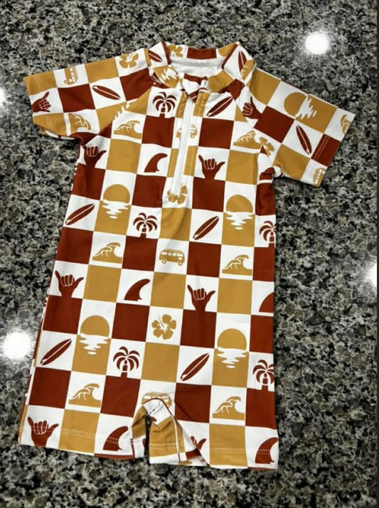 Checkered Red and Orange Surfs Up Swim