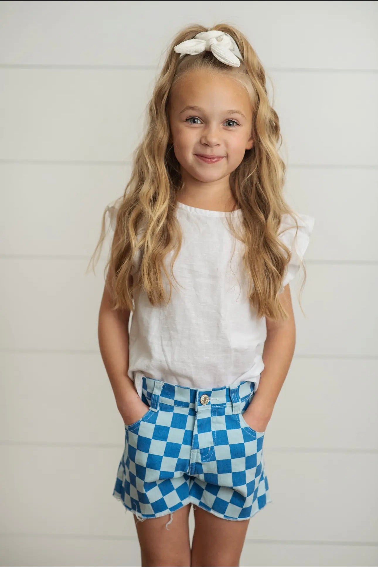 Blue Checkered Denim Jean Shorts